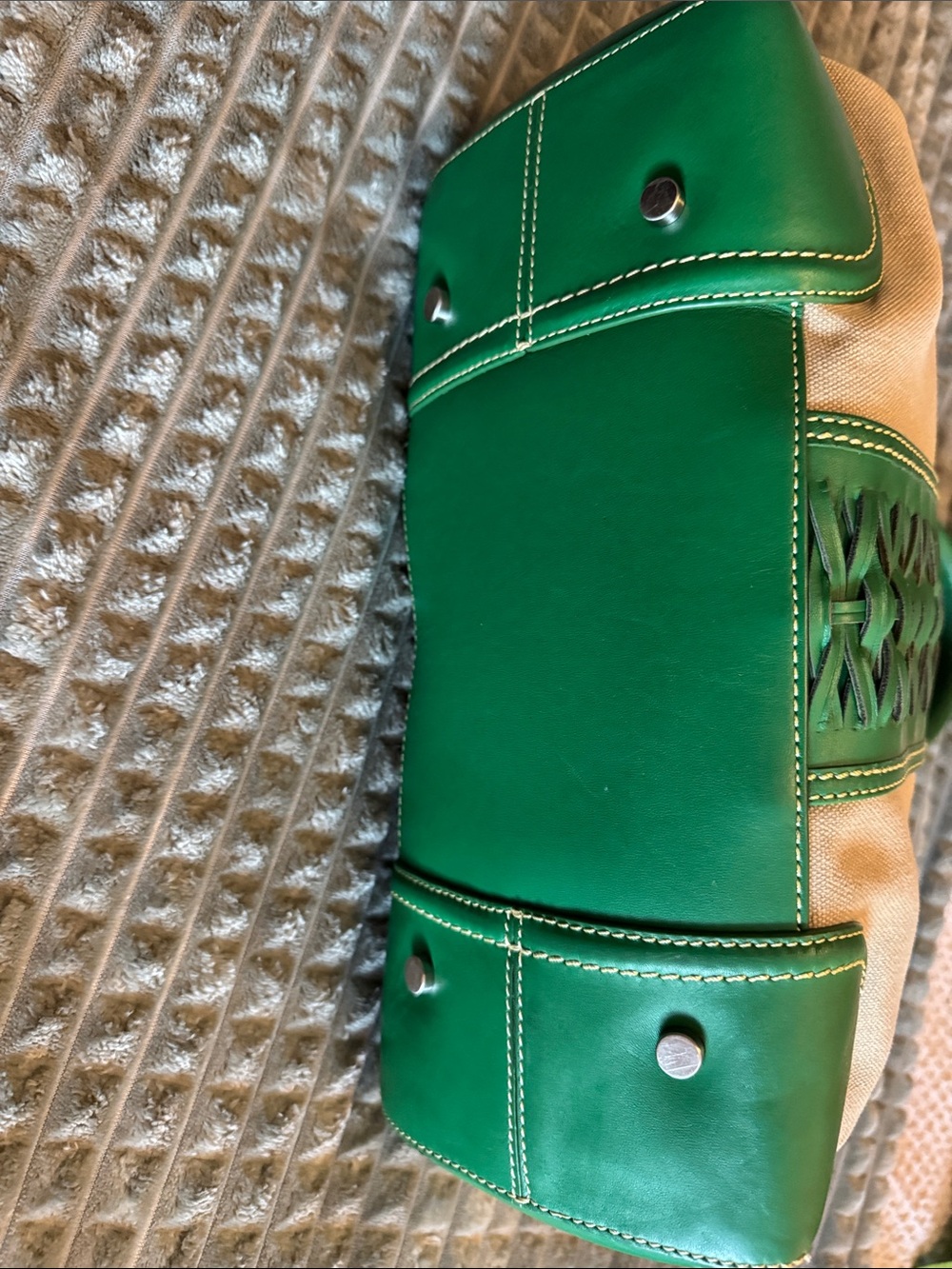 Cole Haan Beige Canvas Tote with Green Leather Trim - Picture 4 of 13